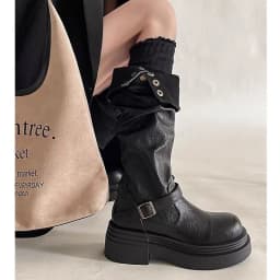 2026 new Women's Platform Motorcycle Boots Buckle Strap Thick-soled Boots Feamle New Black PU Leather Western Knight Botas Mujer