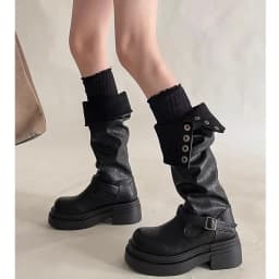 2026 new Women's Platform Motorcycle Boots Buckle Strap Thick-soled Boots Feamle New Black PU Leather Western Knight Botas Mujer