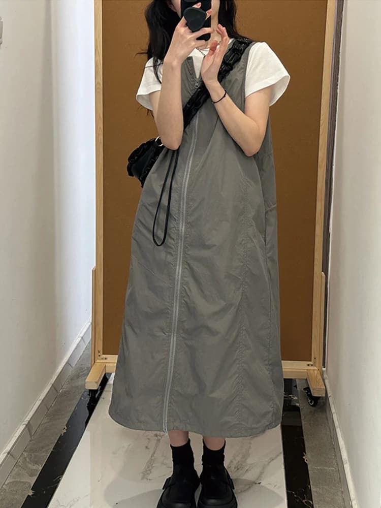 American Grey Workwear Functional Style Vest Skirt Women's plus Size Slimming Design Zipper Strap Dress Casual A-Line Skirt