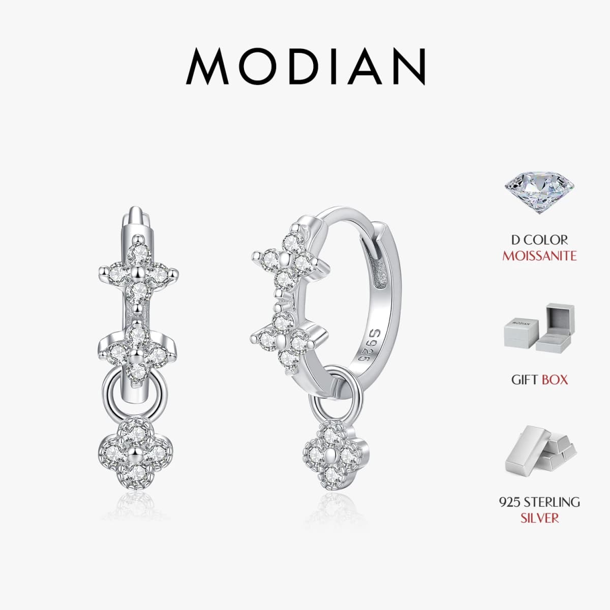 MODIAN Dazzling Moissanite Ear Buckle 925 Sterling Silver Four Leaf Clover Swing Lab Diamond Hoop Earrings For Women Jewelry