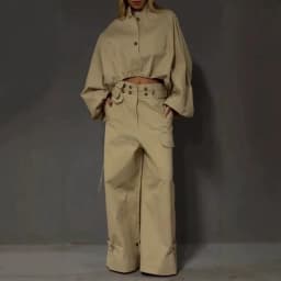 Women's Cargo Jumpsuit Overall Set, Loose Long Sleeve Blouse Top with Drawstring, Cargo Pants Matching Set
