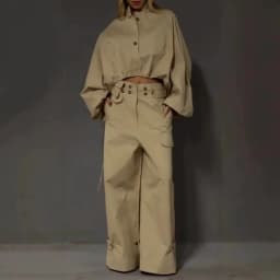 Women's Cargo Jumpsuit Overall Set, Loose Long Sleeve Blouse Top with Drawstring, Cargo Pants Matching Set
