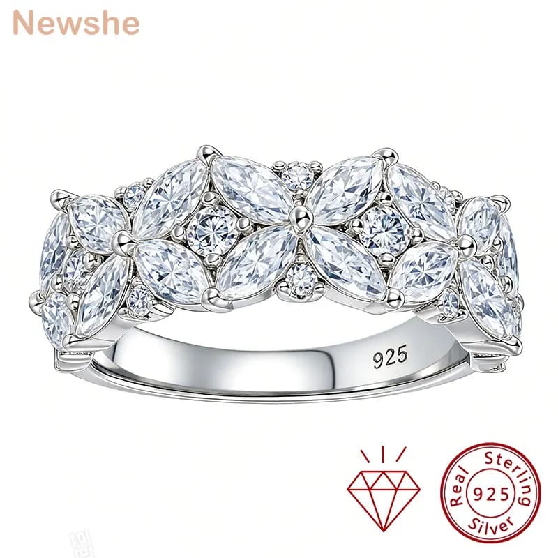 Newshe 925 Sterling Silver Moissanite Rings D VVS1 Marquise Cut Full Paved Flower Eternity Wedding Engagement Ring for Women