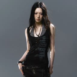 Karrcat Grunge Aesthetics Fake Two-piece Tank Top Trashy Y2k Lace Patchwork Camis Tops Vintage Gothic Black Sleeveless Top Punk