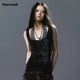 Karrcat Grunge Aesthetics Fake Two-piece Tank Top Trashy Y2k Lace Patchwork Camis Tops Vintage Gothic Black Sleeveless Top Punk