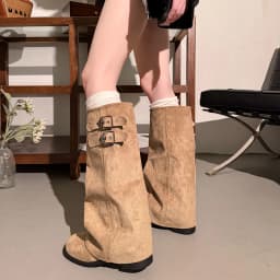 Suede Fold Women Knee High Western Cowboy Boots Fashion Double Buckle Decor Slip On Long Booties Autumn Winter Women's Shoes
