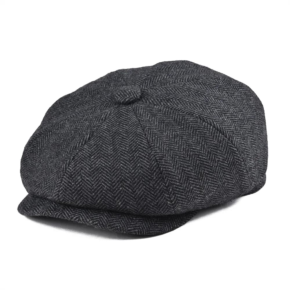 BOTVELA Tweed Wool 8 Panel Black Herringbone Newsboy Cap Men Classic 8-Quarter Panel Style Flat Caps Women Beret Hat