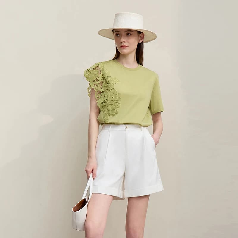 Amii T-shirt 2026 Summer New O-Neck Moisture-Wicking Cotton Tee Asymmetric Lace Loose Short Sleeve T-shirts For Women 12642026