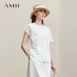 Amii T-shirt 2026 Summer New O-Neck Moisture-Wicking Cotton Tee Asymmetric Lace Loose Short Sleeve T-shirts For Women 12642026