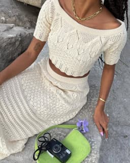 2026 Crochet Knit 2 Piece Set for Women, Off Shoulder Crop Top + Hollow Out Maxi Skirt Beachwear