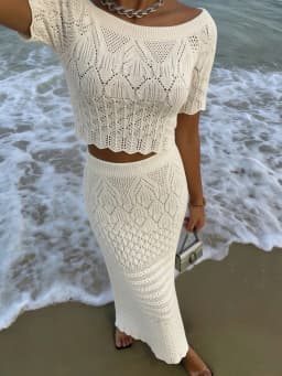 2026 Crochet Knit 2 Piece Set for Women, Off Shoulder Crop Top + Hollow Out Maxi Skirt Beachwear