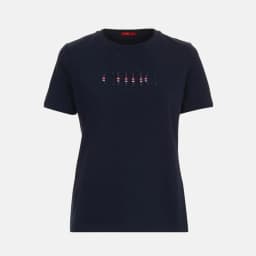 CH Women Navy Blue T-Shirt Letter Embroidery Striped Detail Short Sleeve Crew Neck Casual Cotton Tee Daily Wear Office Top