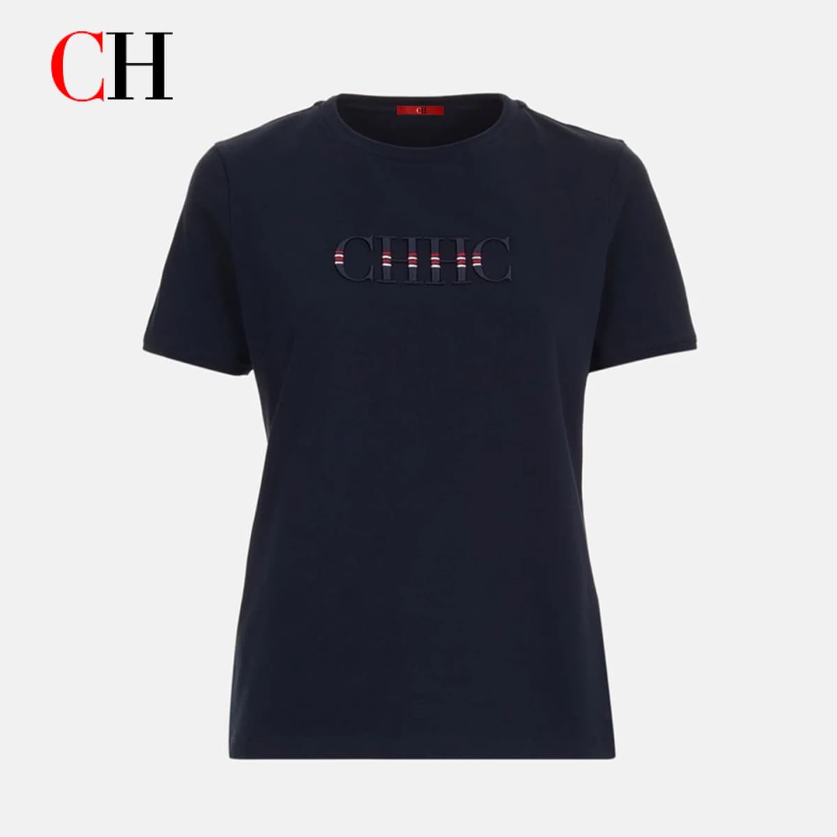 CH Women Navy Blue T-Shirt Letter Embroidery Striped Detail Short Sleeve Crew Neck Casual Cotton Tee Daily Wear Office Top