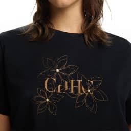 CH Women Navy Blue T-Shirt Letter Embroidery Striped Detail Short Sleeve Crew Neck Casual Cotton Tee Daily Wear Office Top