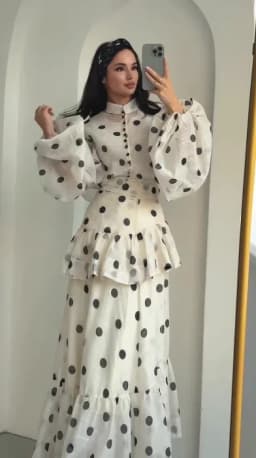 Polka Dot Maxi Dress Stand Collar Puff Sleeves See Through Ruffle Chic Vacation Party for Women