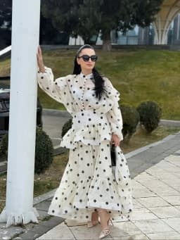 Polka Dot Maxi Dress Stand Collar Puff Sleeves See Through Ruffle Chic Vacation Party for Women
