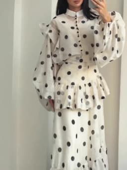 Polka Dot Maxi Dress Stand Collar Puff Sleeves See Through Ruffle Chic Vacation Party for Women