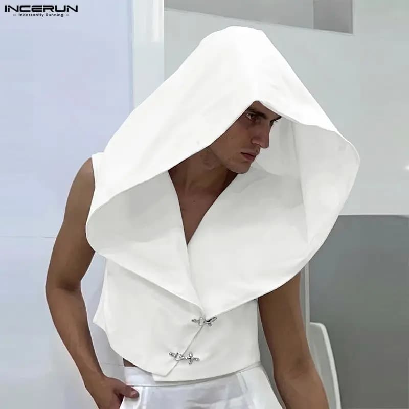 INCERUN Men Tank Tops Solid Hooded Sleeveless Button Male Vests Streetwear Oversize Loose 2026 Fashion Irregular Tops For Man