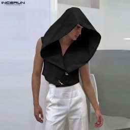 INCERUN Men Tank Tops Solid Hooded Sleeveless Button Male Vests Streetwear Oversize Loose 2026 Fashion Irregular Tops For Man