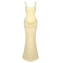 VC Elegant Yellow Bodycon Maxi Dress For Women Square Neck Sleeveless Lace-up Corset Waist Slim Fit Evening Party Long Dresses