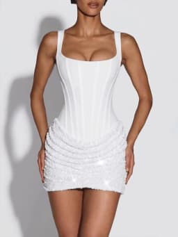 Women's Fashion Summer Sexy Elegant Wide Strap Square Neck White Mini Corset Bodycon Sequined Dress Evening Party Cocktail Night