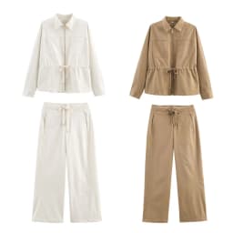 HH Female Causal Pants Suits Long Sleeves Solid Zipper Bomber Jackets+Drawstring Pants Autumn Fashion Safari Wear Khaki Set