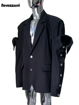 Nerazzurri Spring Autumn Black Oversized Blazers for Men Shoulder Pads Single Breasted Punk Style Fake 2 Piece Menswear Clothes