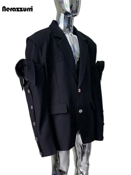 Nerazzurri Spring Autumn Black Oversized Blazers for Men Shoulder Pads Single Breasted Punk Style Fake 2 Piece Menswear Clothes