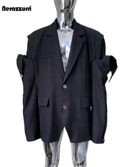Nerazzurri Spring Autumn Black Oversized Blazers for Men Shoulder Pads Single Breasted Punk Style Fake 2 Piece Menswear Clothes