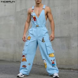 INCERUN Men's Jumpsuits Printing V Neck Sleeveless Straps Rompers For Man Streetwear Loose Pockets Fashion Pants Male Overalls