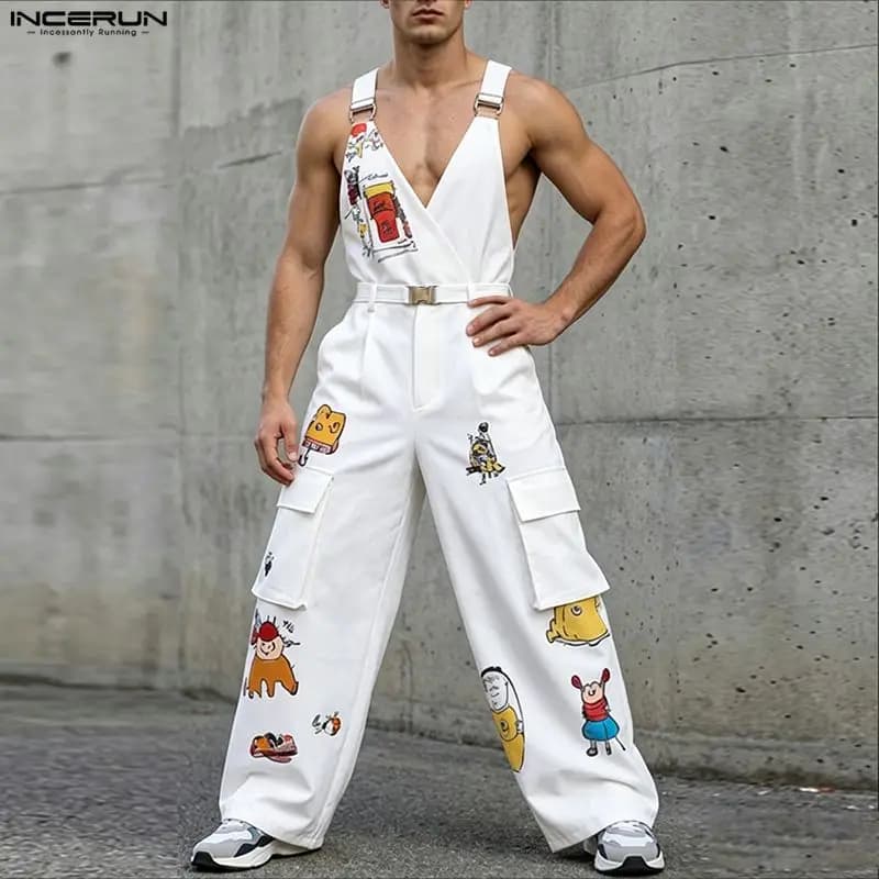 INCERUN Men's Jumpsuits Printing V Neck Sleeveless Straps Rompers For Man Streetwear Loose Pockets Fashion Pants Male Overalls