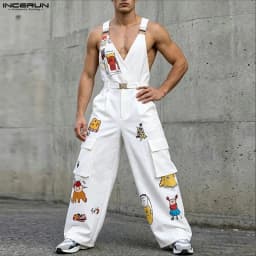 INCERUN Men's Jumpsuits Printing V Neck Sleeveless Straps Rompers For Man Streetwear Loose Pockets Fashion Pants Male Overalls