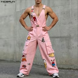 INCERUN Men's Jumpsuits Printing V Neck Sleeveless Straps Rompers For Man Streetwear Loose Pockets Fashion Pants Male Overalls