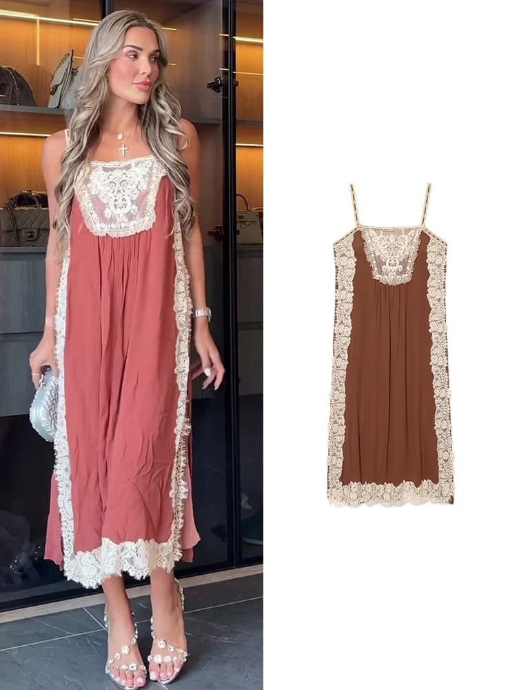 TFMLN 2026 Women's Spaghetti Strap Dress Lace Patchwork Sleeveless Sling Loose Straight Dresses Summer Female Holiday Robe