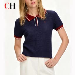 CH Women Cable Knit Polo Shirt Contrast Striped Collar Preppy Style Embroidery Casual Blouse Summer Fashion Ladies Tee