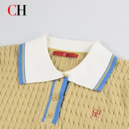 CH Women Cable Knit Polo Shirt Contrast Striped Collar Preppy Style Embroidery Casual Blouse Summer Fashion Ladies Tee