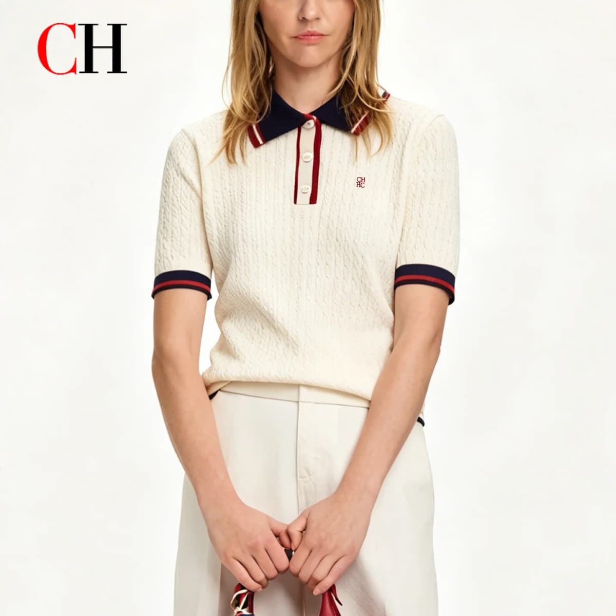 CH Women Cable Knit Polo Shirt Contrast Striped Collar Preppy Style Embroidery Casual Blouse Summer Fashion Ladies Tee
