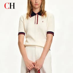 CH Women Cable Knit Polo Shirt Contrast Striped Collar Preppy Style Embroidery Casual Blouse Summer Fashion Ladies Tee