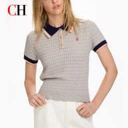 CH Women Cable Knit Polo Shirt Contrast Striped Collar Preppy Style Embroidery Casual Blouse Summer Fashion Ladies Tee