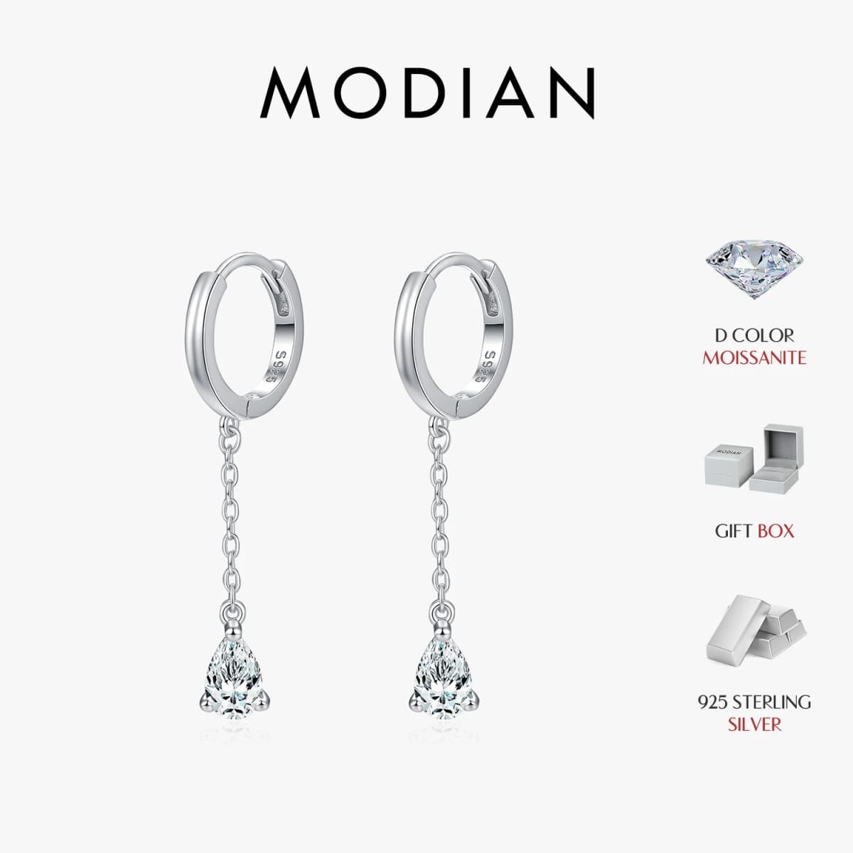 MODIAN 1 CT D Color Pear Cut Moissanite Drop Earrings 925 Sterling Silver Long Chain Lab Diamond Hoop Earrings Jewelry For Women