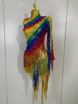 Women Colorful Sparkly Rhinestones Tassel Sexy See-Through Dress One Shoulder Latin Dance Outfits Nightclub Party Stage Costume
