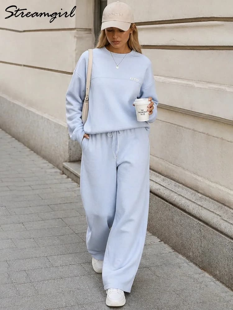 Autumn Tracksuit Women Two Piece Set Pants Outfits Blue Sweatsuits Woman Cotton Jogger Sets For Women Yellow Sweatpants Suit