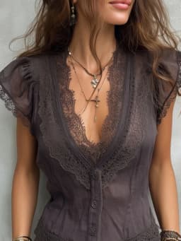 Women Boho Deep V Lace Trim Flutter Sleeve Purple Blouse For Women Sheer Tie Waist Vintage Cropped Summer Vacation Top
