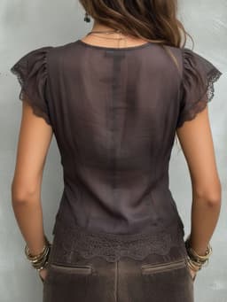 Women Boho Deep V Lace Trim Flutter Sleeve Purple Blouse For Women Sheer Tie Waist Vintage Cropped Summer Vacation Top