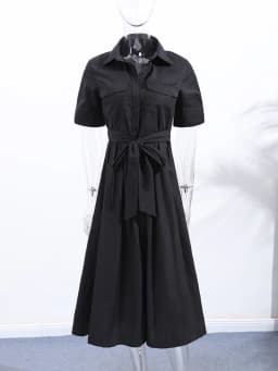 Elegant Belt Women Long Black Dress Full Sleeve Pleated Lapel Waist-Closed Female A Line Dresses 2026 Spring Lady Robes New