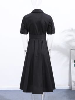 Elegant Belt Women Long Black Dress Full Sleeve Pleated Lapel Waist-Closed Female A Line Dresses 2026 Spring Lady Robes New