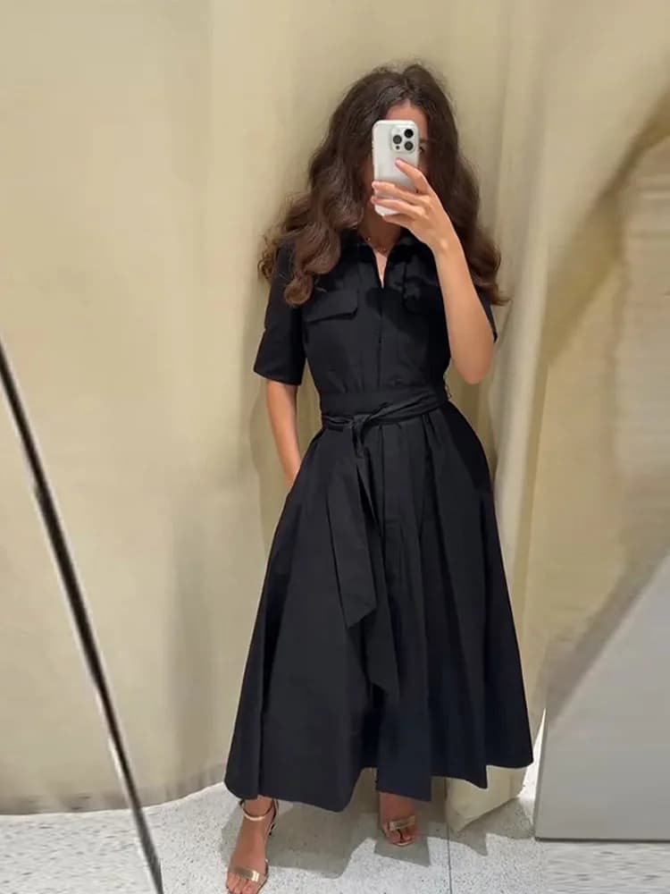 Elegant Belt Women Long Black Dress Full Sleeve Pleated Lapel Waist-Closed Female A Line Dresses 2026 Spring Lady Robes New