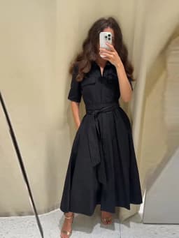 Elegant Belt Women Long Black Dress Full Sleeve Pleated Lapel Waist-Closed Female A Line Dresses 2026 Spring Lady Robes New