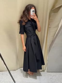 Elegant Belt Women Long Black Dress Full Sleeve Pleated Lapel Waist-Closed Female A Line Dresses 2026 Spring Lady Robes New