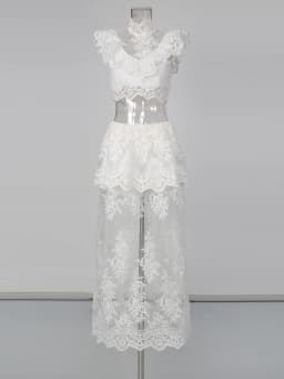 TWOTWINSTYLE Solid Spliced Lace Two Piece Set for Women High Neck Sleeveless Top Mesh Patchwork Floral Zipper Slim Skirt Female